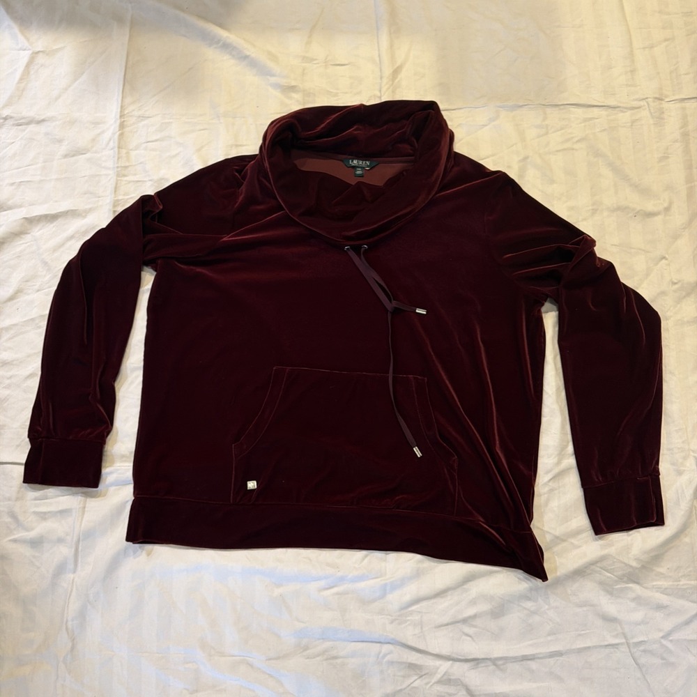 Ralph Lauren Velvet Cranberry Cowl Neck Sweater Women’s Size 2XL Front Pocket